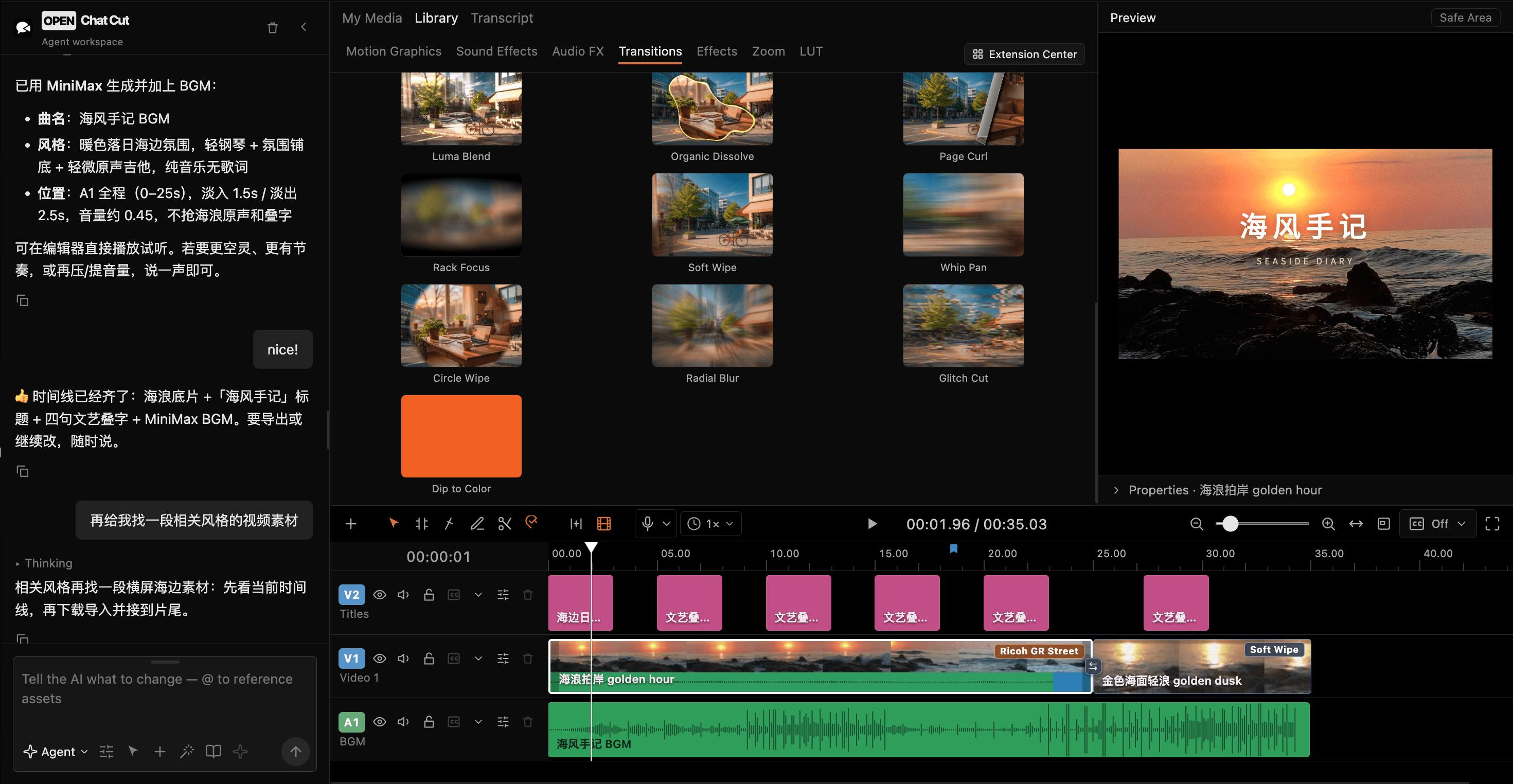 Seaside Diary project with agent conversation, titles, beach footage and background music on separate tracks